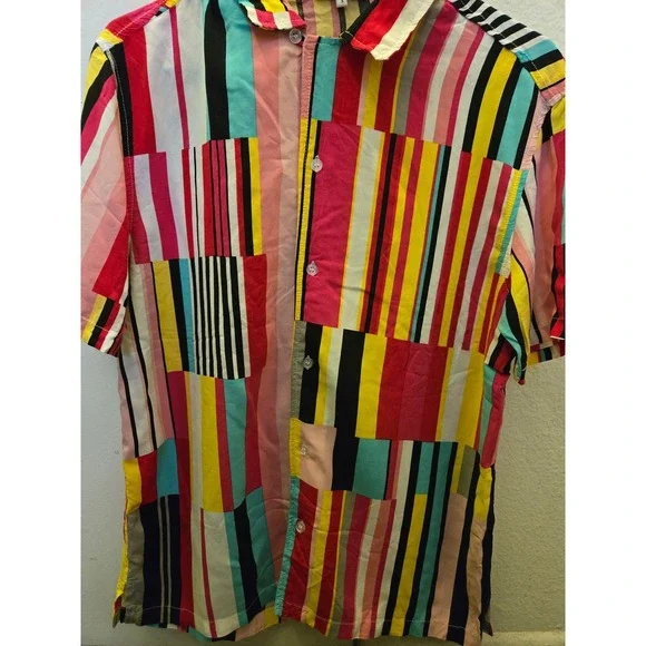 Fashion Nova Men's S Multi Color Block Striped Button-Up Shirt - Picture 5 of 6